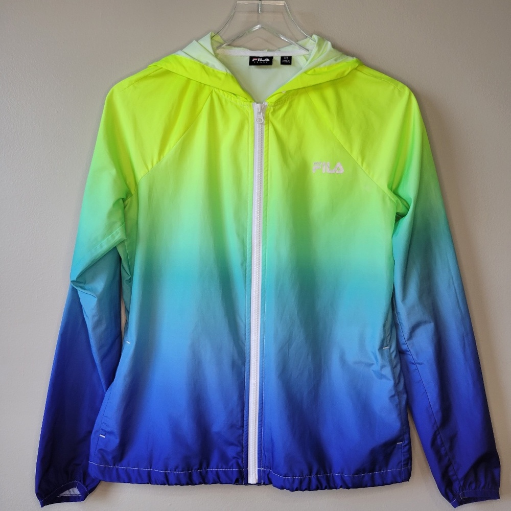 FILA Sport Women XS Jacket Windbreaker Hooded Lightweight Green/Blue Neon Ombre
